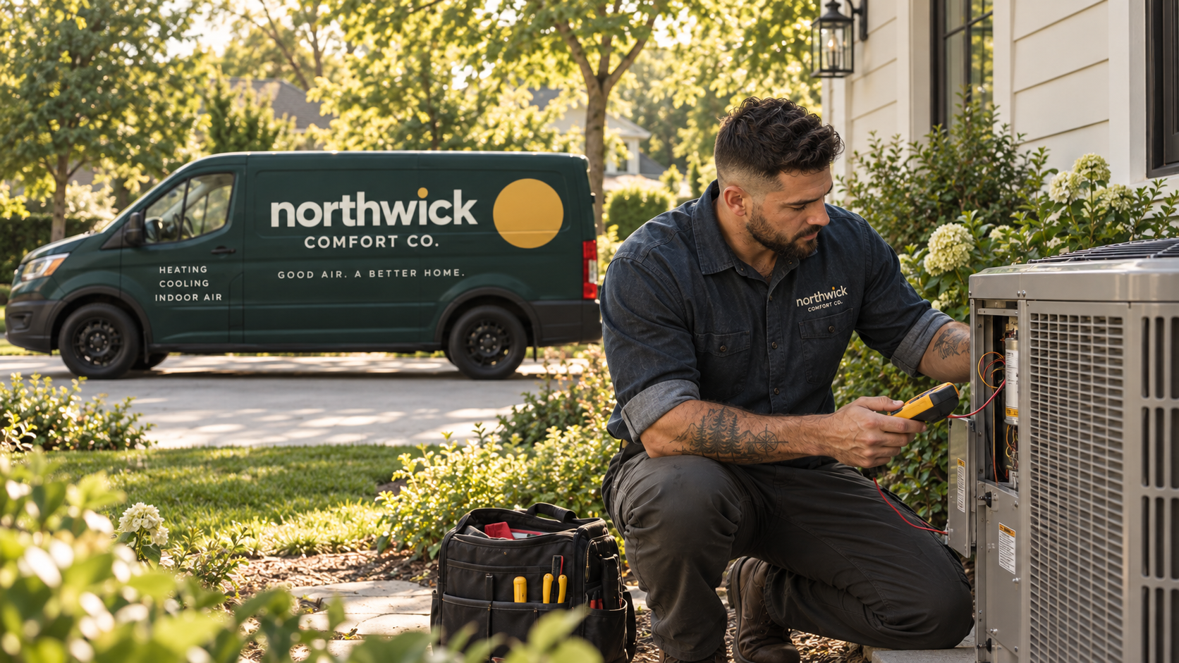 A branded Northwick van beside a technician working on an outdoor condenser